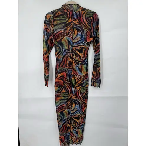 Madrag Sheer Retro Y2K Groovy Midi Bodycon Dress Women S Colorful Rave Festival