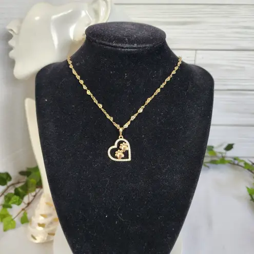Gold Filled Heart Link Chain Necklace with Paw Print Heart Charm Pendant