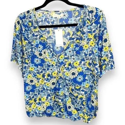 MELLODAY NWT Blue Yellow Floral Ruffle Top - Size Large