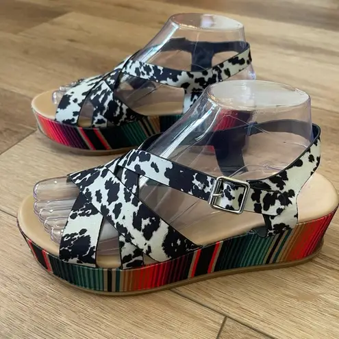 Crazy Train  cowprint serape platform wedge sandals size 8 western animal print