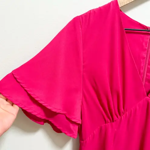 Vintage hot pink fuchsia barbiecore coquette v neck dress ruffle sleeve small