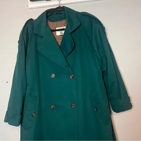 Vintage Double Breasted Trench Coat Womens Teal Green Size 12 Lined Long Belted