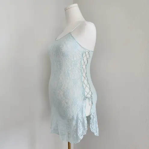 Vintage Y2K Cinema Etoile Blue Lace Slip Dress Stretch Bodycon Lace Up Side M Size M