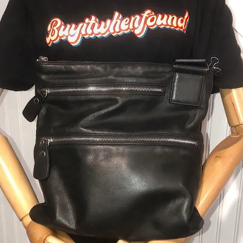 MARGOT Black Leather Crossbody Messenger Bag w/ Two Zip Pockets Top Zip Closure