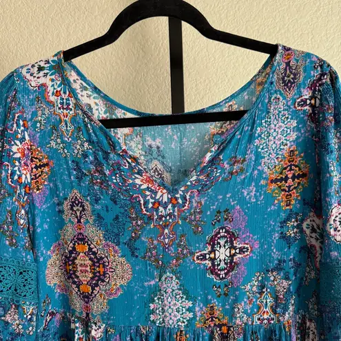 Bohemian Blue Green Babydoll Tunic Top Medium Comfy Relaxed Flowy Boho Blouse