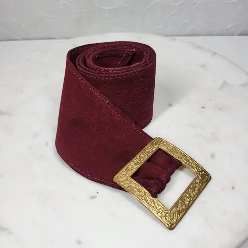 Saint Laurent Vintage St Laurent Suede Belt 36" Burgundy Square Gold Floral Buckle Hippie Boho