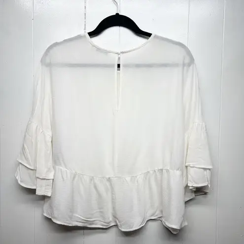 Bershka White Flared 3/4 Sleeve Ruffle Hem Top Size Small Beach Boho Lightweight