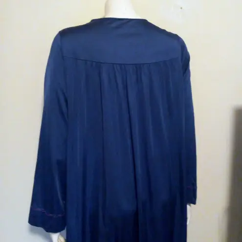 Vintage Shadowline Satin Long Sleeve Robe-Large-Embroidered Rose Yoke-Pockets-