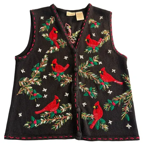 VTG 90s Bobby Brooks Ugly Christmas Holiday Vest Cardinals Mistletoe Beaded 8
