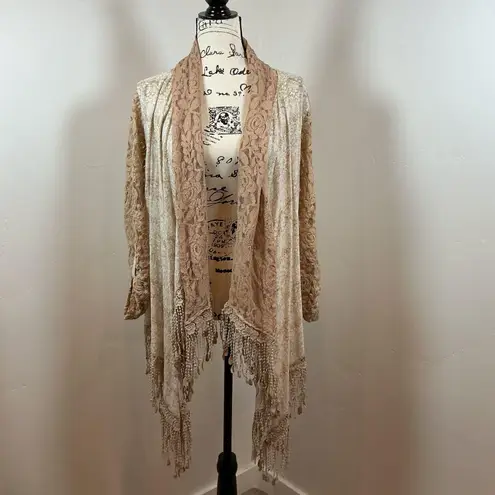 Multiples Lace Duster Cardigan Kimono Beige Tan Fringe Boho Open Front M - Image 1