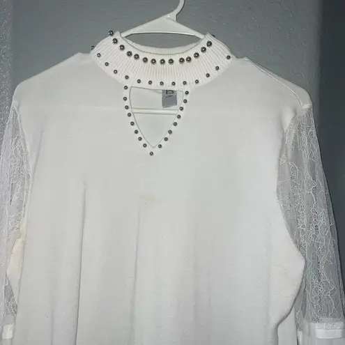 Beldi White Studded Mock Neck Blouse | Lace & Chiffon Bishop Sleeve Top | Size L Size L
