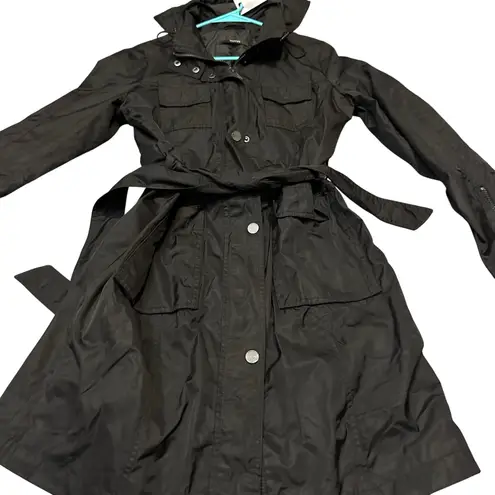 Tahari Black Hooded Belted Trench Coat Women Long Sleeve Full Zip Button Pockets