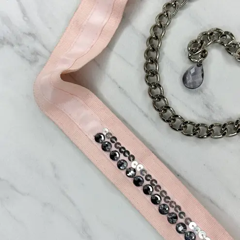 New York & Company Pink Flower Chain Link Belt Silver Tone Large/XL (L/XL) ✨