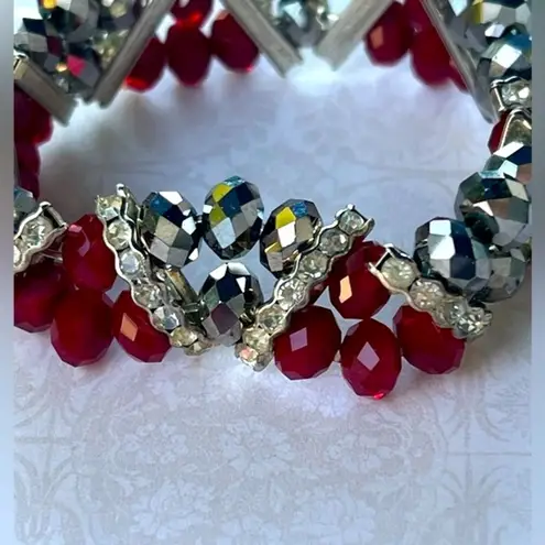 ELEGANT Red Crimson Glass Bead Silver Rhinestone Necklace And Bracelet Set