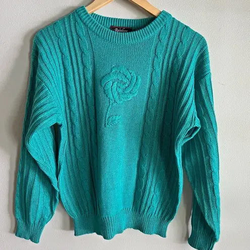 Vintage Rainbow Ridge Teal Rose Sweater 80s Cable Knit Embroidered Floral Sz S Blue