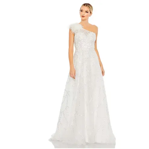 Mac Duggal Sheer Hand Embellished Tulle Overlay One Shoulder A Line 20389 Dress