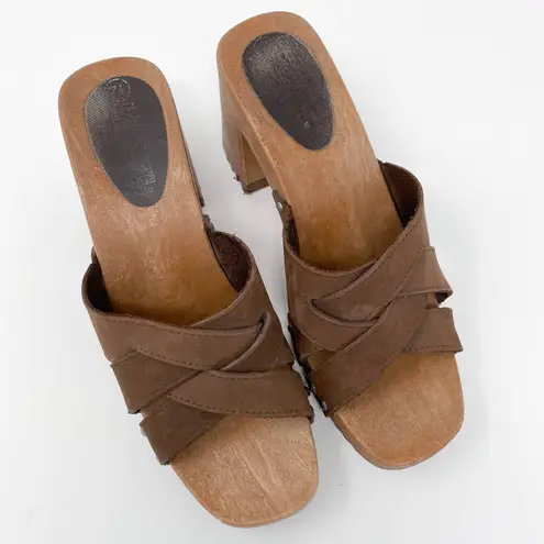 VINTAGE The Leather Collection Brown Square Toe Clog Wood Heels Size 8