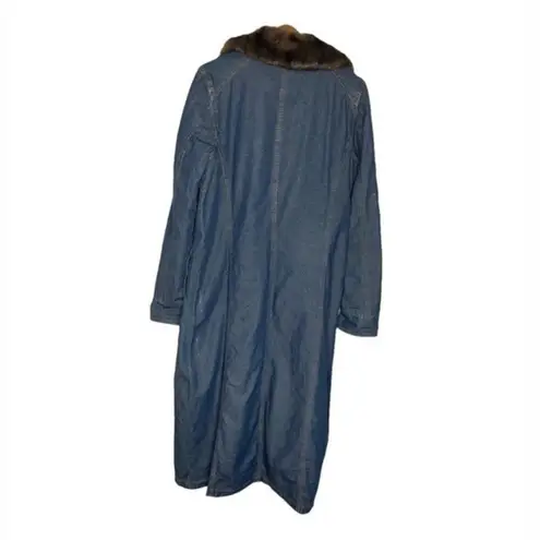 Newport News Denim Blue Jean Coat Brown Faux Fur Trim Quilted Lining Size 10 VTG