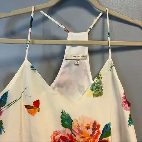 Lavender Brown Tank 100% Silk Floral Racerback Adjustable Strap Top Sz S EUC