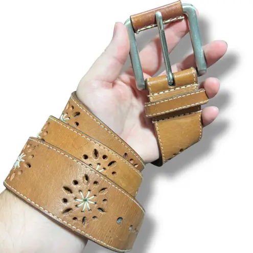 Womens Genuine Leather Belt Floral Accent Buckle Closure Brown Large 33 to 36