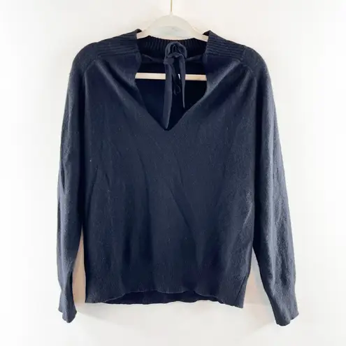 360 Cashmere Ribbed Trim Mock Neck Tie Back Pullover Sweater Black Small