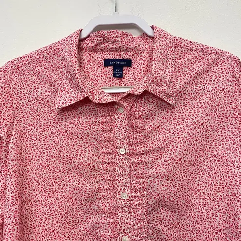 Lands' End Floral Print Button Down Long Sleeve Blouse Top Red 2X Pin Up Casual