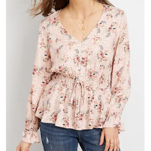 Maurice's 1 Plus Size Pink Floral Smock Waist Blouse Boho Long Sleeve Peasant Top