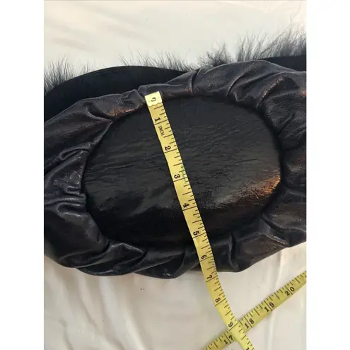 Vintage Castellari Navy Blue Leather & Fur Shoulder Bag, Y2K Dark Blue Italian