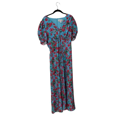Saloni 100% Silk Blue Pink Lea Floral Print Altrd Maxi Dress Size US 14 UK 18