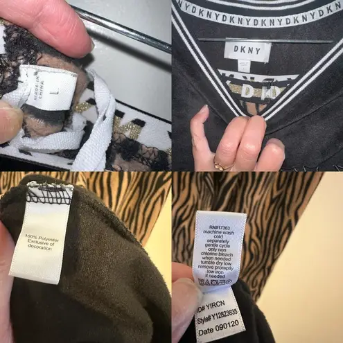 DKNY  Fleece 2 piece Pajama set Black Top, animal tiger? print bottom size large