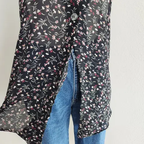 Vintage 90s Black Floral Sleeveless Vest Cardigan Top Grunge Cottage Blouse M Size XL