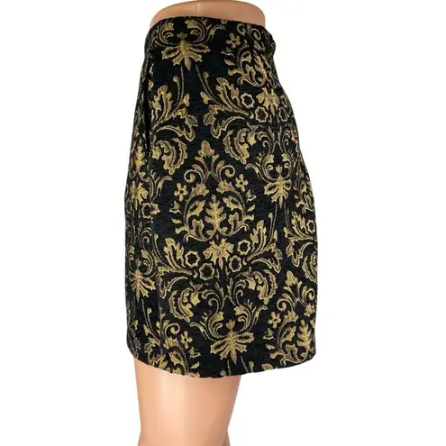 Urban Outfitters  Black Gold Brocade Print Zipper Mini Straight Pencil Skirt Sz S