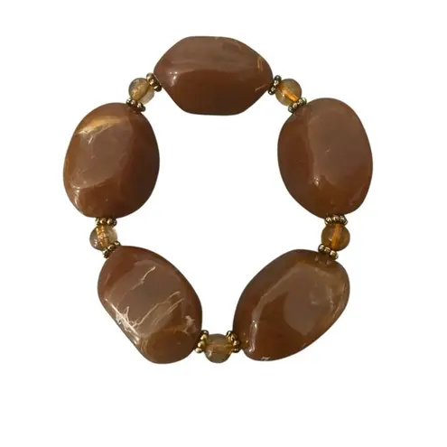 Vintage Estate Retro 80s Chunky Amber Brown Marbled Beaded Stretch Bracelet OSFM