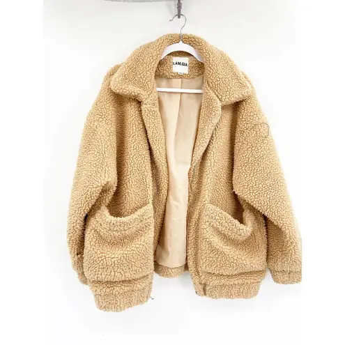 I am gia I.AM.GIA Pixie Caramel Tan Zip Up Sherpa Teddy Coat Size XS FLAWED