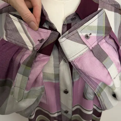 Christopher & Banks Shirt Button-Up Pockets Lightweight Plaid Sparkle Wine Grey