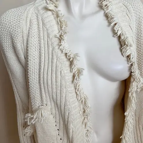 Rosie‎ Niera Ivory Thick Knit Open Cardigan with Fringe Hems