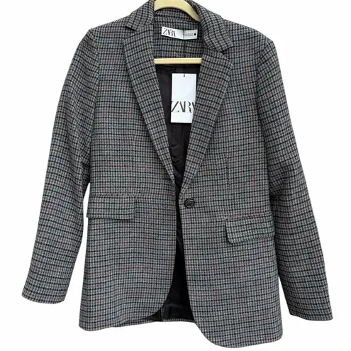 ZARA  Wool Blend Houndstooth Plaid Patch Elbow Blazer thumbnail 1