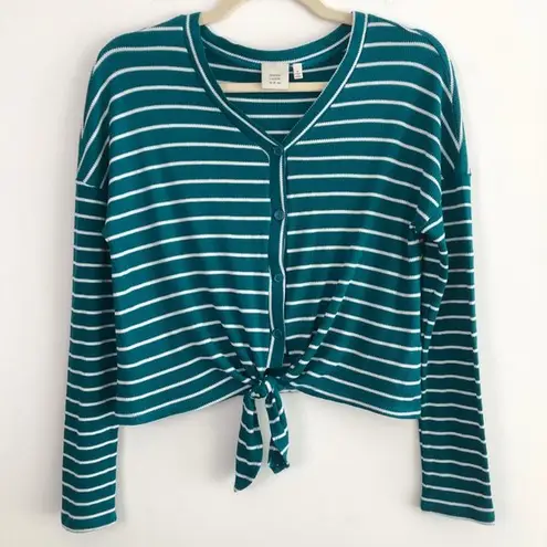 Good Luck Gem New Tie Hem Striped Top Button Down Long Sleeve Thermal Knit Teal
