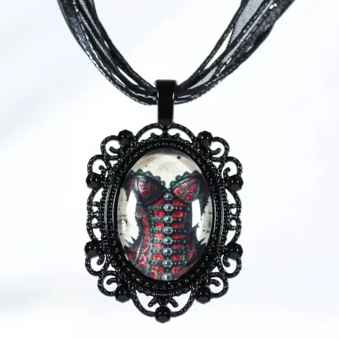 Handmade Gothic Black Ribbon Necklace with Red Corset Pendant Victorian Steampunk
