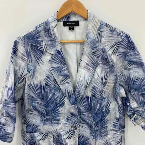 Karen Kane Blazer Jacket Womens Large Blue White Cotton Tropical Leaf Print