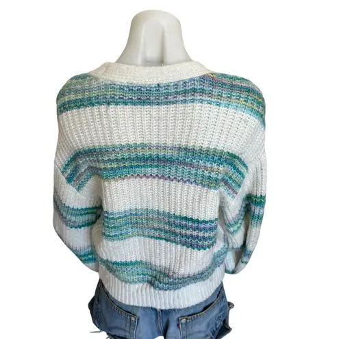 Slate + Willow White Teal Striped Oversized Cardigan Sweater SMALL Cropped $125