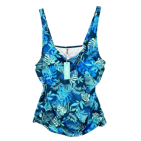 Aqua Eve Tankini Top Women L Blue Tropical Leaves Ruched Tummy Control Beach Size L