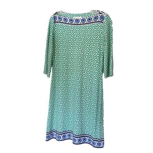 Donna Morgan Green Geometric Print Dress Blue Trim Bell Sleeve A-Line