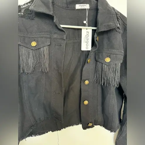 New Black Fringe Cropped Denim Jacket Size M