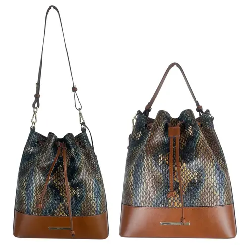 Brahmin Marlowe Embossed Leather Bucket Bag Bottle Blue Fletcher