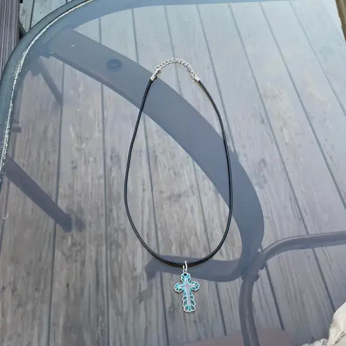 Handmade Y2K Punk Cross pendant PU leather necklace , Gothic Grunge