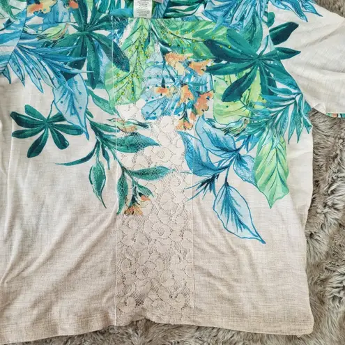 Alfred Dunner Petite Tropical Plant Print 3/4 Sleeve Cream Top Size Medium