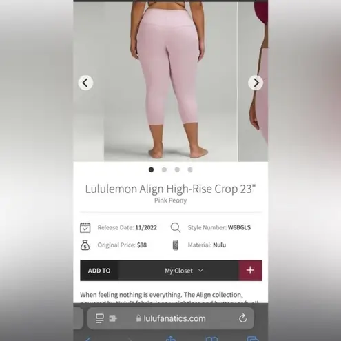 Lululemon  align HR crop 23” pink peony‎ size 6