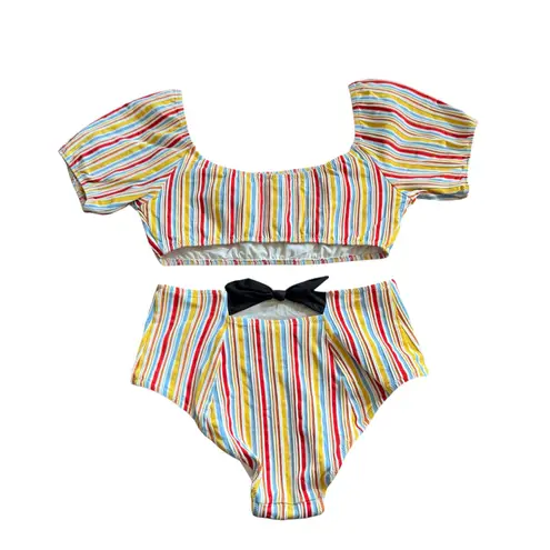 Lemlem Mokati Pouf Bikini Swimsuit High Waisted Bottoms Lemon Zest Stripe Small - Image 12
