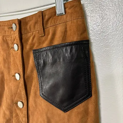 All Saints Tan Black Suede 100% Leather Button Front Pencil Skirt Size 4
